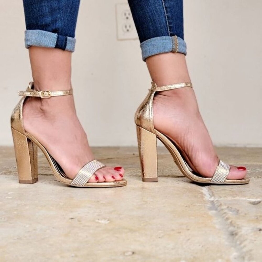 Rose Gold Rhinestone Accent Metallic Chunky Heels - Picture 3 of 6
